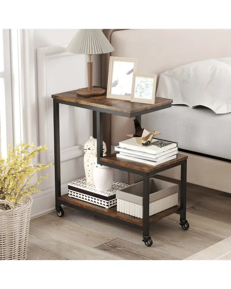 G-shaped Side Table 3-Tier Mobile End Table with Open Shelves-Rustic Brown - Rustic Brown - End & Side Tables
