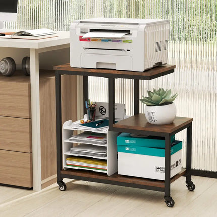 G-shaped Side Table 3-Tier Mobile End Table with Open Shelves-Rustic Brown - Rustic Brown - End & Side Tables