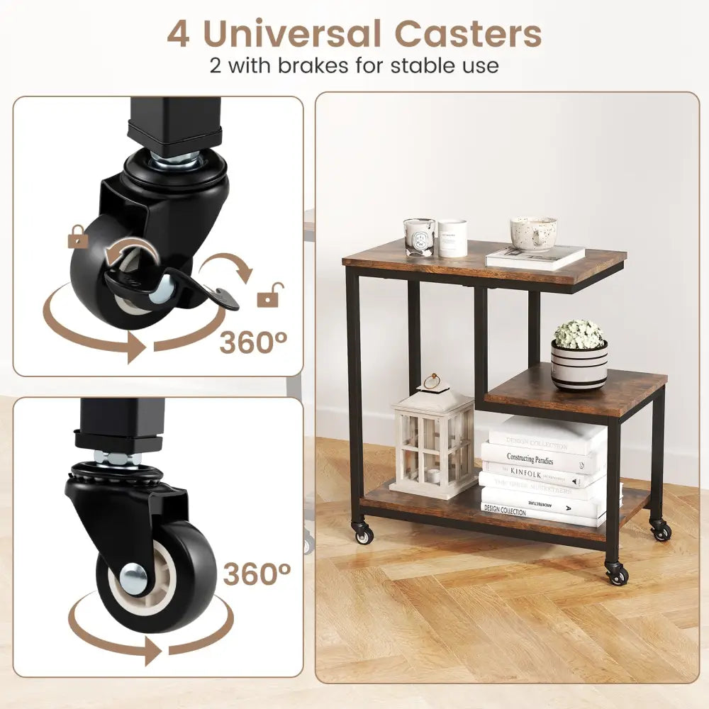 G-shaped Side Table 3-Tier Mobile End Table with Open Shelves-Rustic Brown - Rustic Brown - End & Side Tables