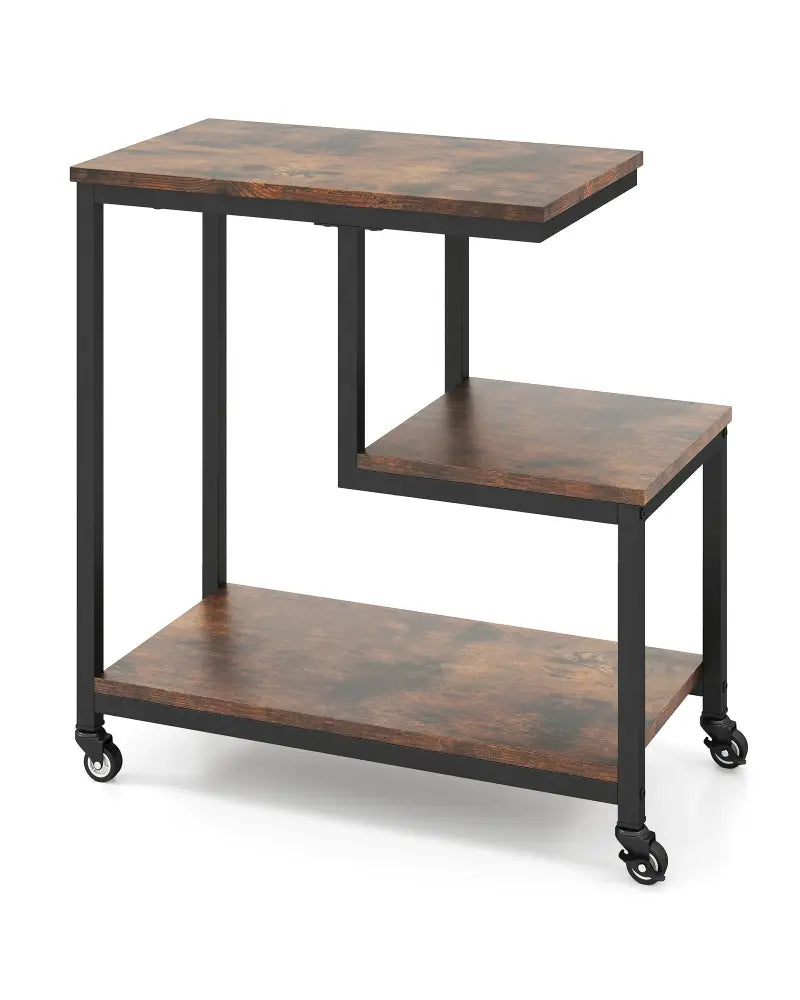 G-shaped Side Table 3-Tier Mobile End Table with Open Shelves-Rustic Brown - Rustic Brown - End & Side Tables