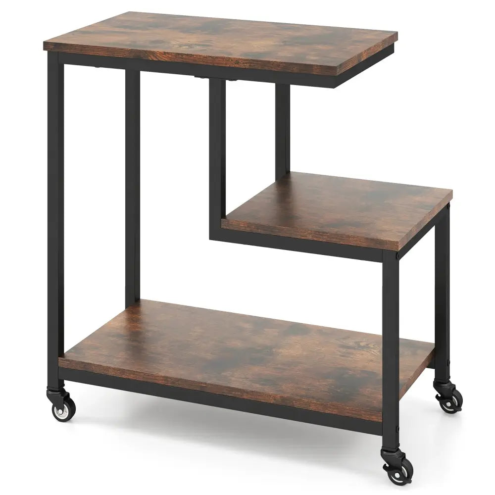 G-shaped Side Table 3-Tier Mobile End Table with Open Shelves-Rustic Brown - Rustic Brown - End & Side Tables
