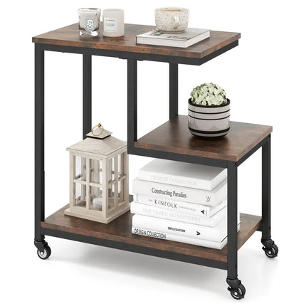 G-shaped Side Table 3-Tier Mobile End Table with Open Shelves-Rustic Brown - Rustic Brown - End & Side Tables