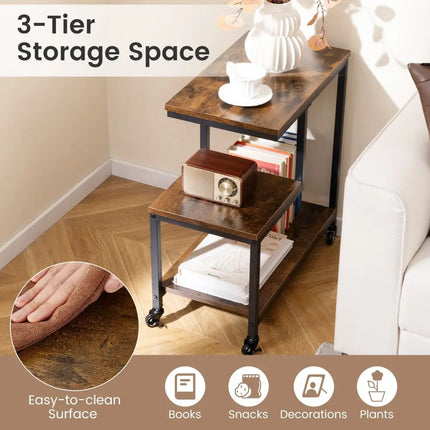 G-shaped Side Table 3-Tier Mobile End Table with Open Shelves-Rustic Brown - Rustic Brown - End & Side Tables