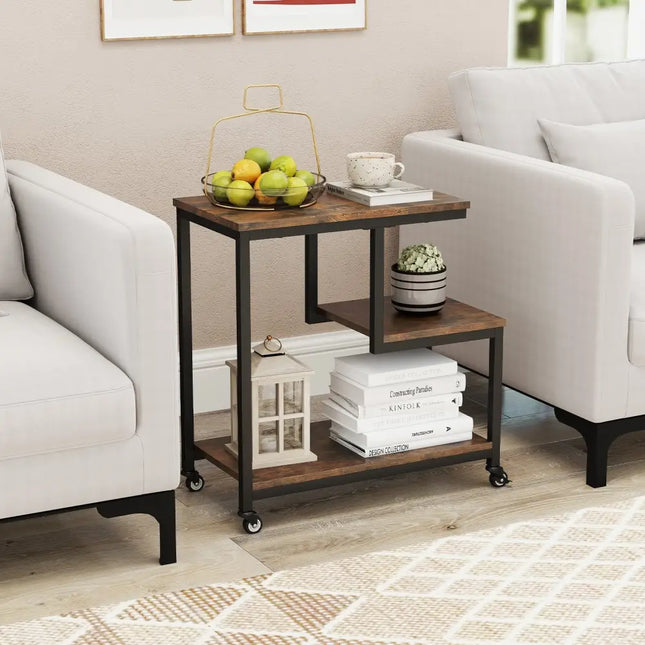 G-shaped Side Table 3-Tier Mobile End Table with Open Shelves-Rustic Brown - Rustic Brown - End & Side Tables
