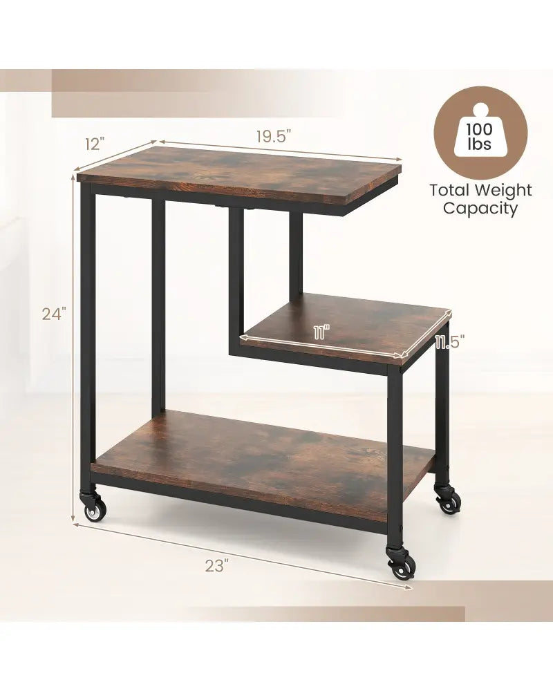 G-shaped Side Table 3-Tier Mobile End Table with Open Shelves-Rustic Brown - Rustic Brown - End & Side Tables