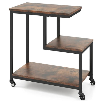 G-shaped Side Table 3-Tier Mobile End Table with Open Shelves-Rustic Brown - Rustic Brown - End & Side Tables