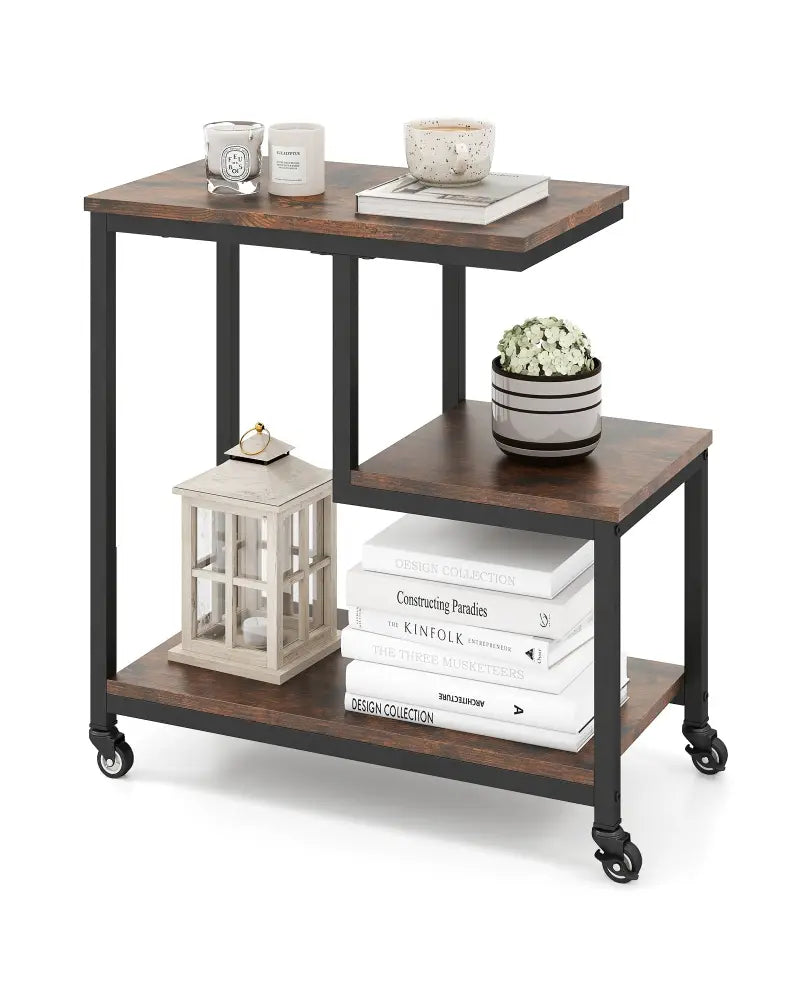 G-shaped Side Table 3-Tier Mobile End Table with Open Shelves-Rustic Brown - Rustic Brown - End & Side Tables