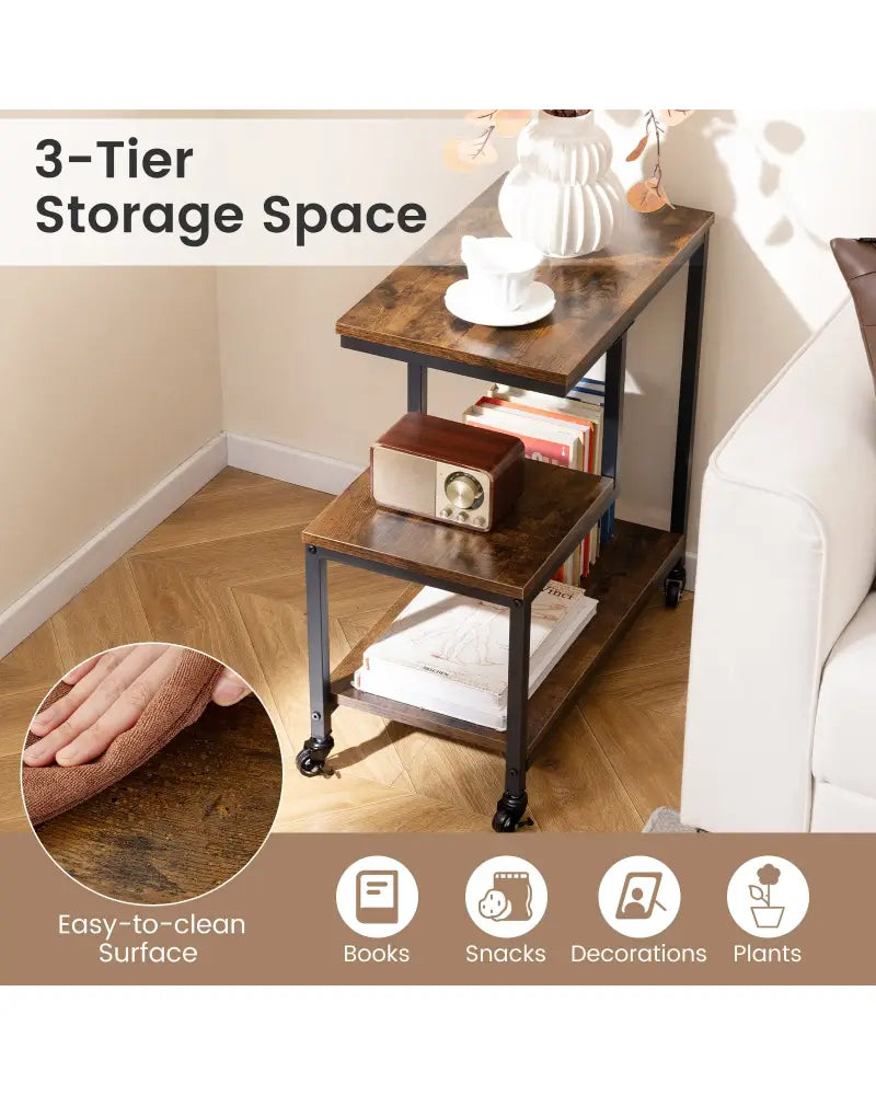 G-shaped Side Table 3-Tier Mobile End Table with Open Shelves-Rustic Brown - Rustic Brown - End & Side Tables