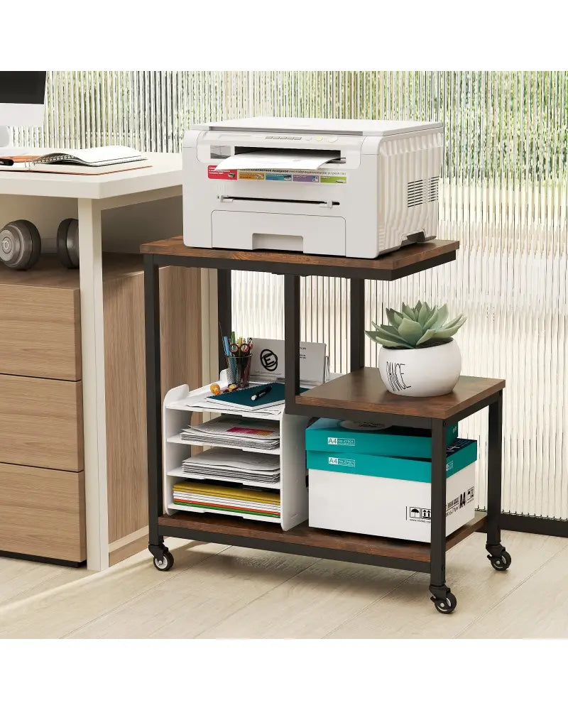 G-shaped Side Table 3-Tier Mobile End Table with Open Shelves-Rustic Brown - Rustic Brown - End & Side Tables