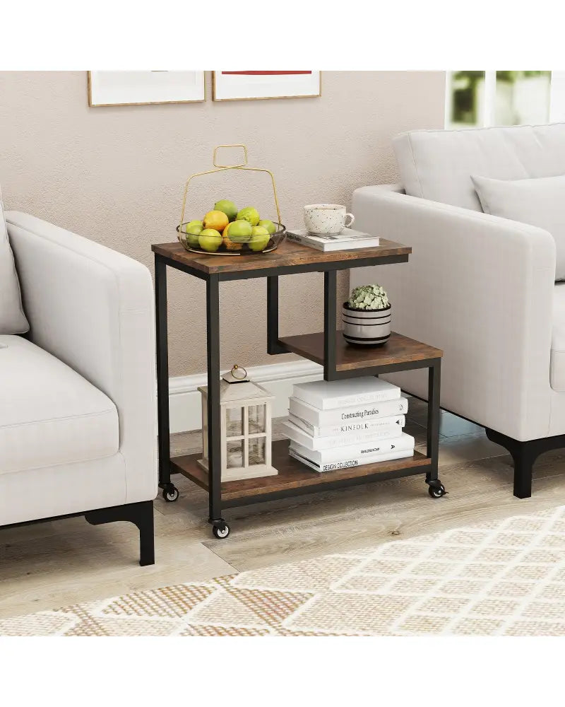 G-shaped Side Table 3-Tier Mobile End Table with Open Shelves-Rustic Brown - Rustic Brown - End & Side Tables
