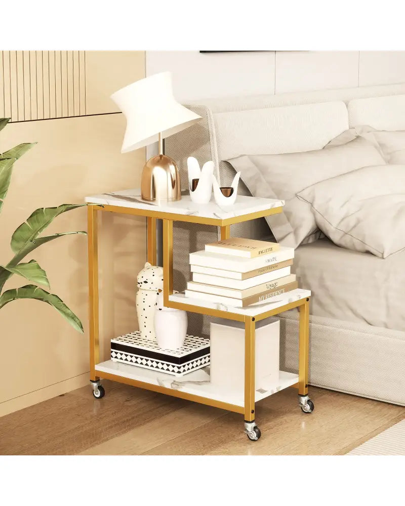 G-shaped Side Table 3-Tier Mobile End Table with Open Shelves-White - White - End & Side Tables
