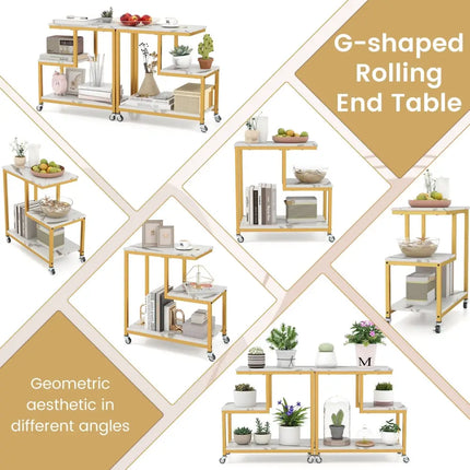 G-shaped Side Table 3-Tier Mobile End Table with Open Shelves-White - White - End & Side Tables