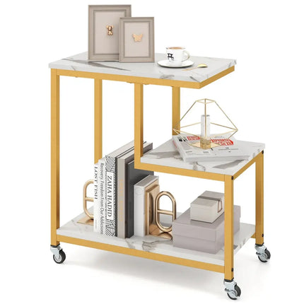 G-shaped Side Table 3-Tier Mobile End Table with Open Shelves-White - White - End & Side Tables