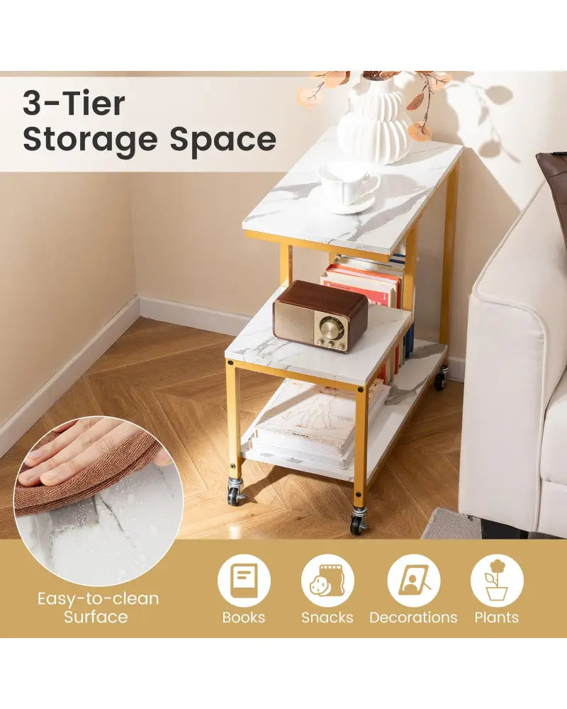 G-shaped Side Table 3-Tier Mobile End Table with Open Shelves-White - White - End & Side Tables