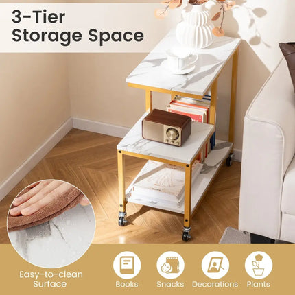 G-shaped Side Table 3-Tier Mobile End Table with Open Shelves-White - White - End & Side Tables