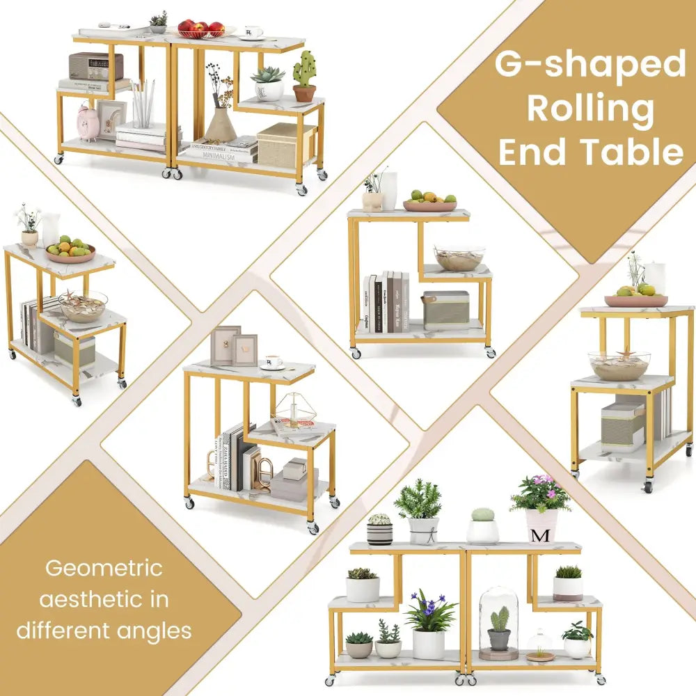 G-shaped Side Table 3-Tier Mobile End Table with Open Shelves-White - White - End & Side Tables