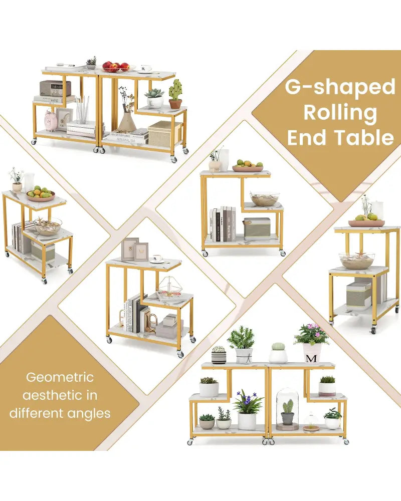 G-shaped Side Table 3-Tier Mobile End Table with Open Shelves-White - White - End & Side Tables