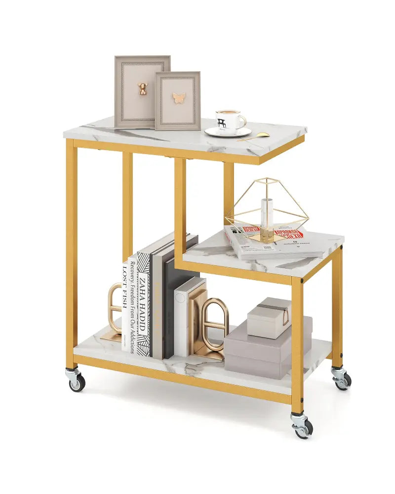 G-shaped Side Table 3-Tier Mobile End Table with Open Shelves-White - White - End & Side Tables