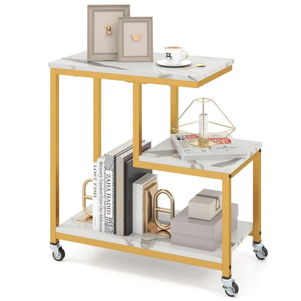 G-shaped Side Table 3-Tier Mobile End Table with Open Shelves-White - White - End & Side Tables