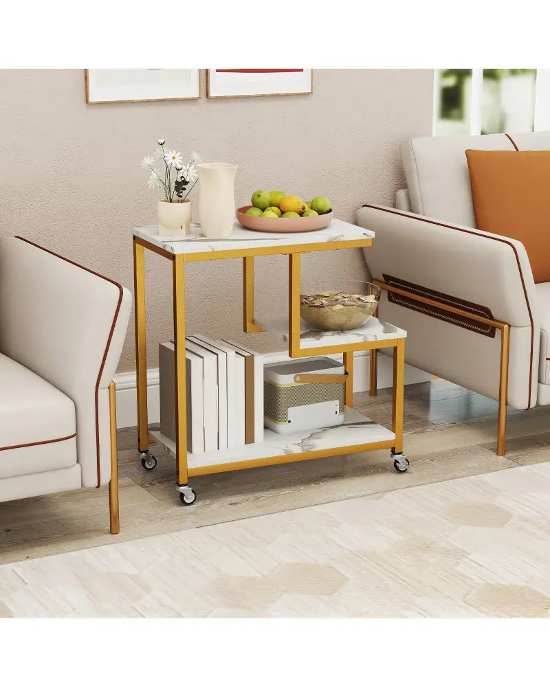 G-shaped Side Table 3-Tier Mobile End Table with Open Shelves-White - White - End & Side Tables