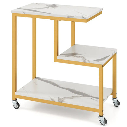 G-shaped Side Table 3-Tier Mobile End Table with Open Shelves-White - White - End & Side Tables