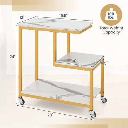 G-shaped Side Table 3-Tier Mobile End Table with Open Shelves-White - White - End & Side Tables