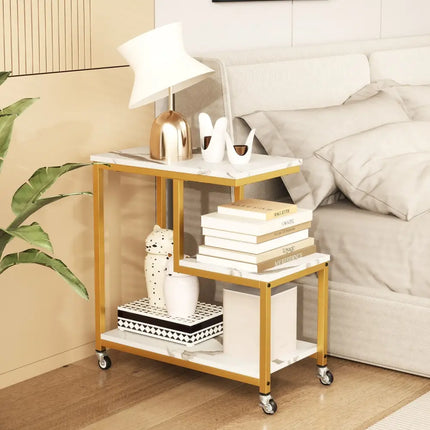 G-shaped Side Table 3-Tier Mobile End Table with Open Shelves-White - White - End & Side Tables