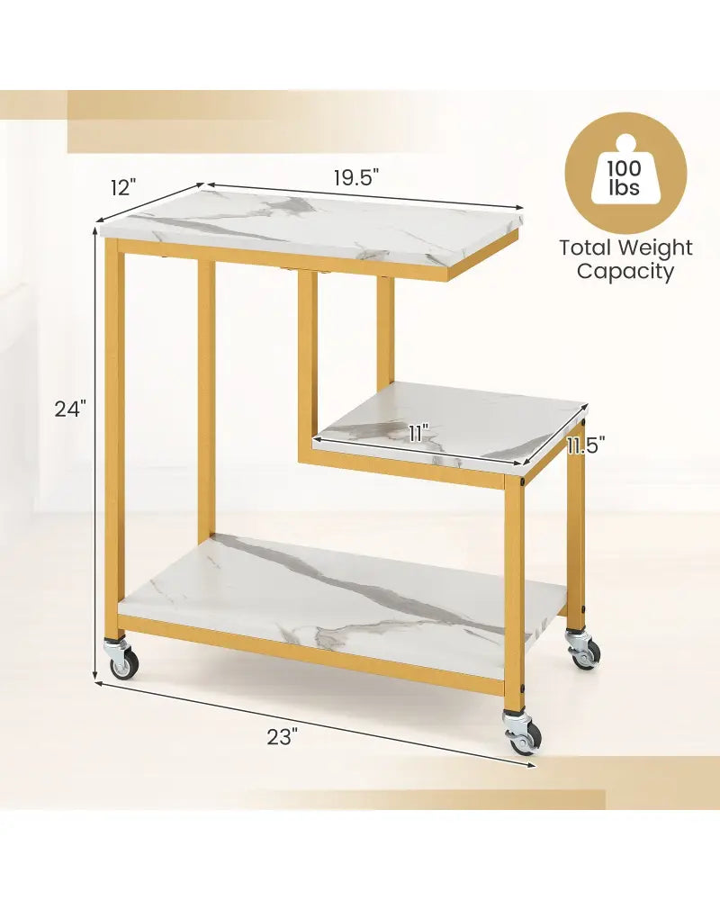 G-shaped Side Table 3-Tier Mobile End Table with Open Shelves-White - White - End & Side Tables