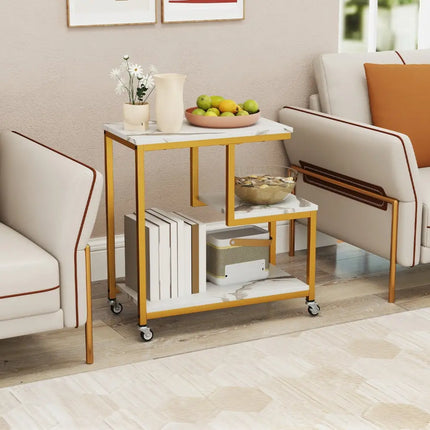 G-shaped Side Table 3-Tier Mobile End Table with Open Shelves-White - White - End & Side Tables