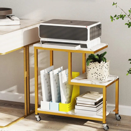 G-shaped Side Table 3-Tier Mobile End Table with Open Shelves-White - White - End & Side Tables