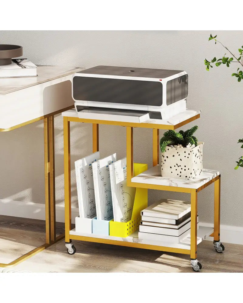 G-shaped Side Table 3-Tier Mobile End Table with Open Shelves-White - White - End & Side Tables