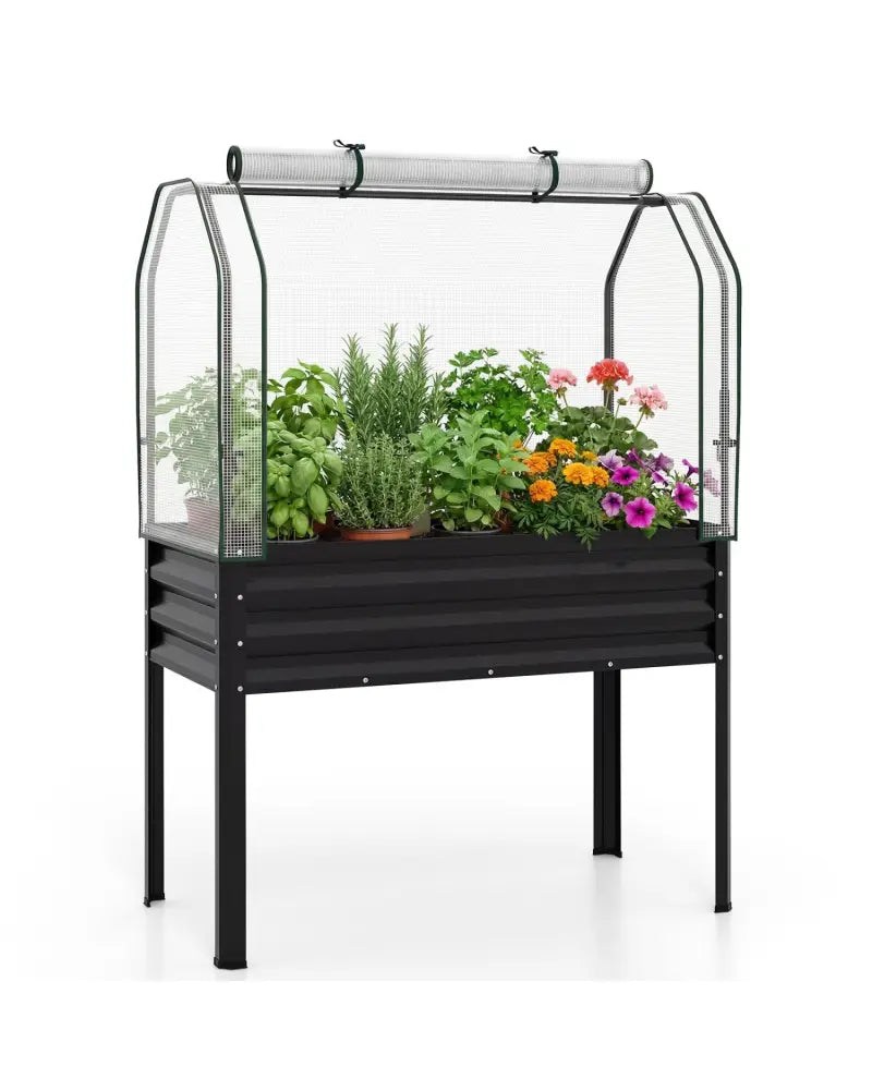 Galvanized Raised Garden Bed with Legs and Greenhouse Cover for Vegetable Flower-Black - Black - Raised Garden Beds