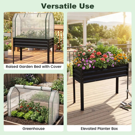 Galvanized Raised Garden Bed with Legs and Greenhouse Cover for Vegetable Flower-Black - Black - Raised Garden Beds