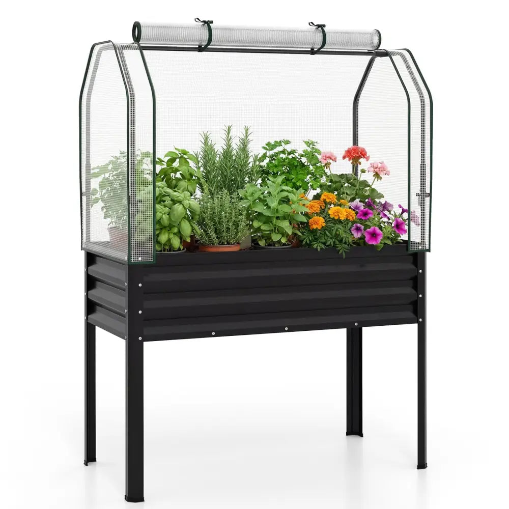 Galvanized Raised Garden Bed with Legs and Greenhouse Cover for Vegetable Flower-Black - Black - Raised Garden Beds