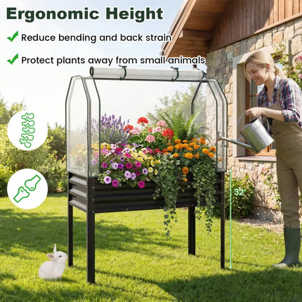 Galvanized Raised Garden Bed with Legs and Greenhouse Cover for Vegetable Flower-Black - Black - Raised Garden Beds
