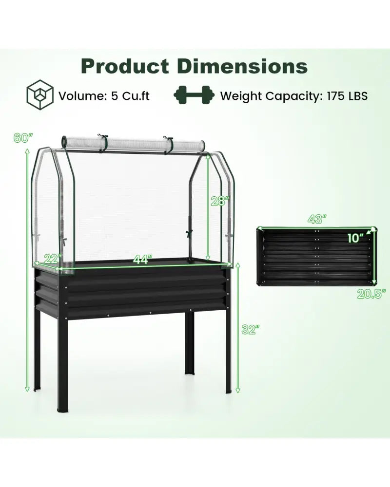 Galvanized Raised Garden Bed with Legs and Greenhouse Cover for Vegetable Flower-Black - Black - Raised Garden Beds
