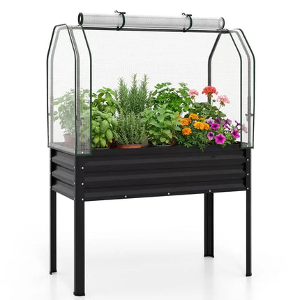 Galvanized Raised Garden Bed with Legs and Greenhouse Cover for Vegetable Flower-Black - Black - Raised Garden Beds
