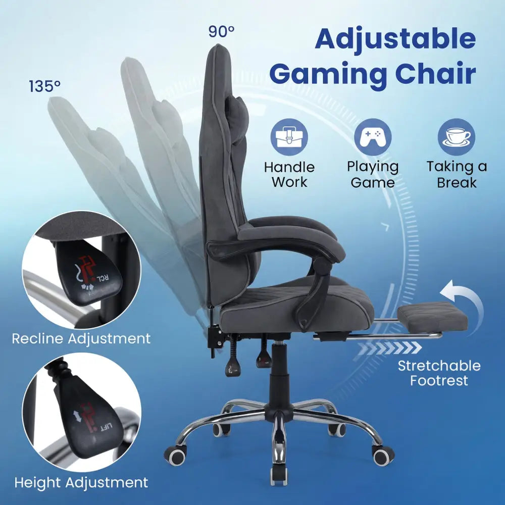 Gaming Chair Height Adjustable Computer Chair with Headrest and Lumbar Support-Gray - Gray - Gaming Chairs