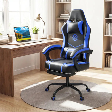 Gaming Chair Height Adjustable Computer Chair with Headrest Ergonomic Office Task Chair-Navy - Navy - Gaming Chairs