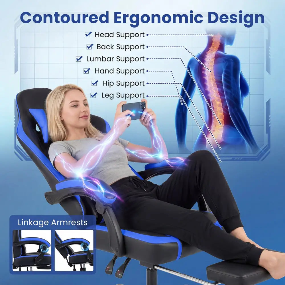Gaming Chair Height Adjustable Computer Chair with Headrest Ergonomic Office Task Chair-Navy - Navy - Gaming Chairs