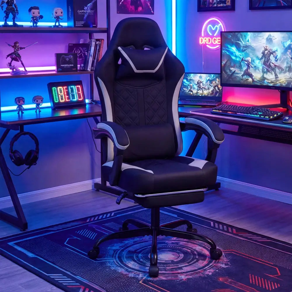 Gaming Chair Height Adjustable Computer Chair with Headrest Footrest & 360° Swivel Seat-Black - Black - Gaming Chairs