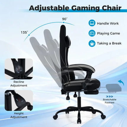 Gaming Chair Height Adjustable Computer Chair with Headrest Footrest & 360° Swivel Seat-Black - Black - Gaming Chairs