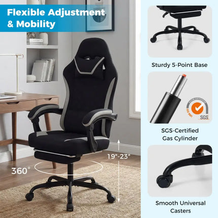 Gaming Chair Height Adjustable Computer Chair with Headrest Footrest & 360° Swivel Seat-Black - Black - Gaming Chairs