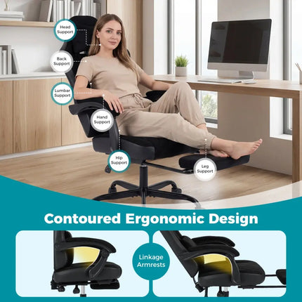 Gaming Chair Height Adjustable Computer Chair with Headrest Lumbar Support Linkage Armrests-Black - Black - Gaming
