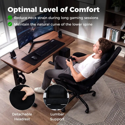 Gaming Chair Height Adjustable Computer Chair with Headrest Lumbar Support Linkage Armrests-Black - Black - Gaming