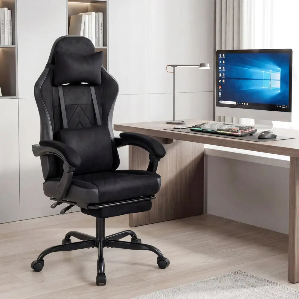 Gaming Chair Height Adjustable Computer Chair with Headrest Lumbar Support Linkage Armrests-Black - Black - Gaming