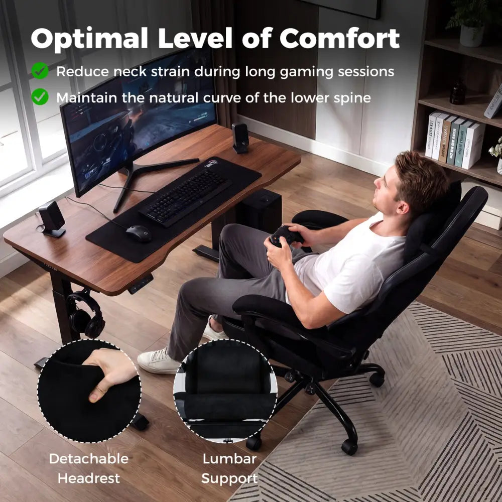 Gaming Chair Height Adjustable Computer Chair with Headrest Lumbar Support Linkage Armrests-Black - Black - Gaming