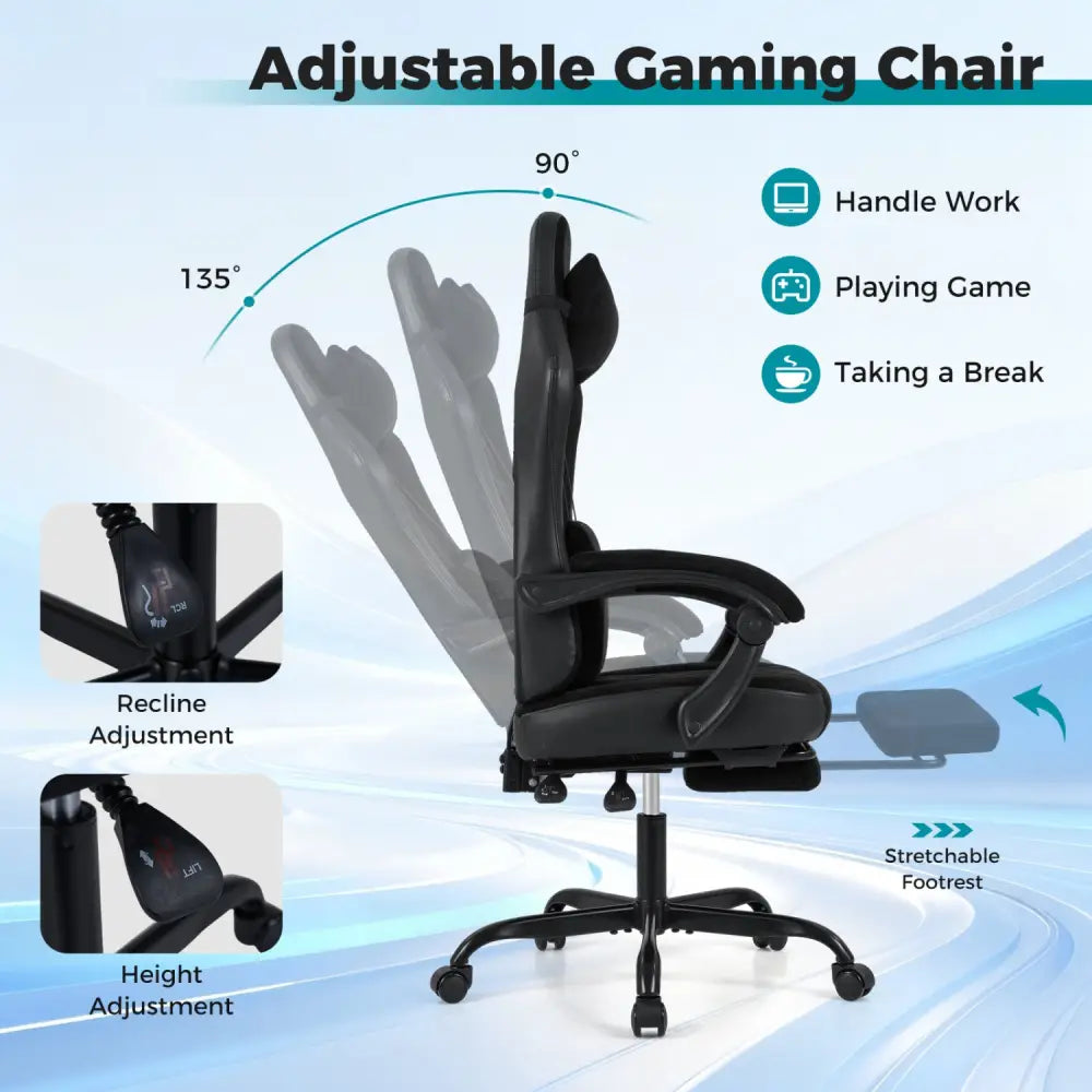 Gaming Chair Height Adjustable Computer Chair with Headrest Lumbar Support Linkage Armrests-Black - Black - Gaming