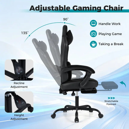 Gaming Chair Height Adjustable Computer Chair with Headrest Lumbar Support Linkage Armrests-Black - Black - Gaming