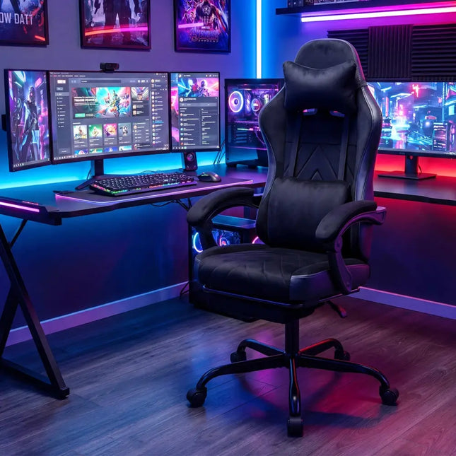 Gaming Chair Height Adjustable Computer Chair with Headrest Lumbar Support Linkage Armrests-Black - Black - Gaming